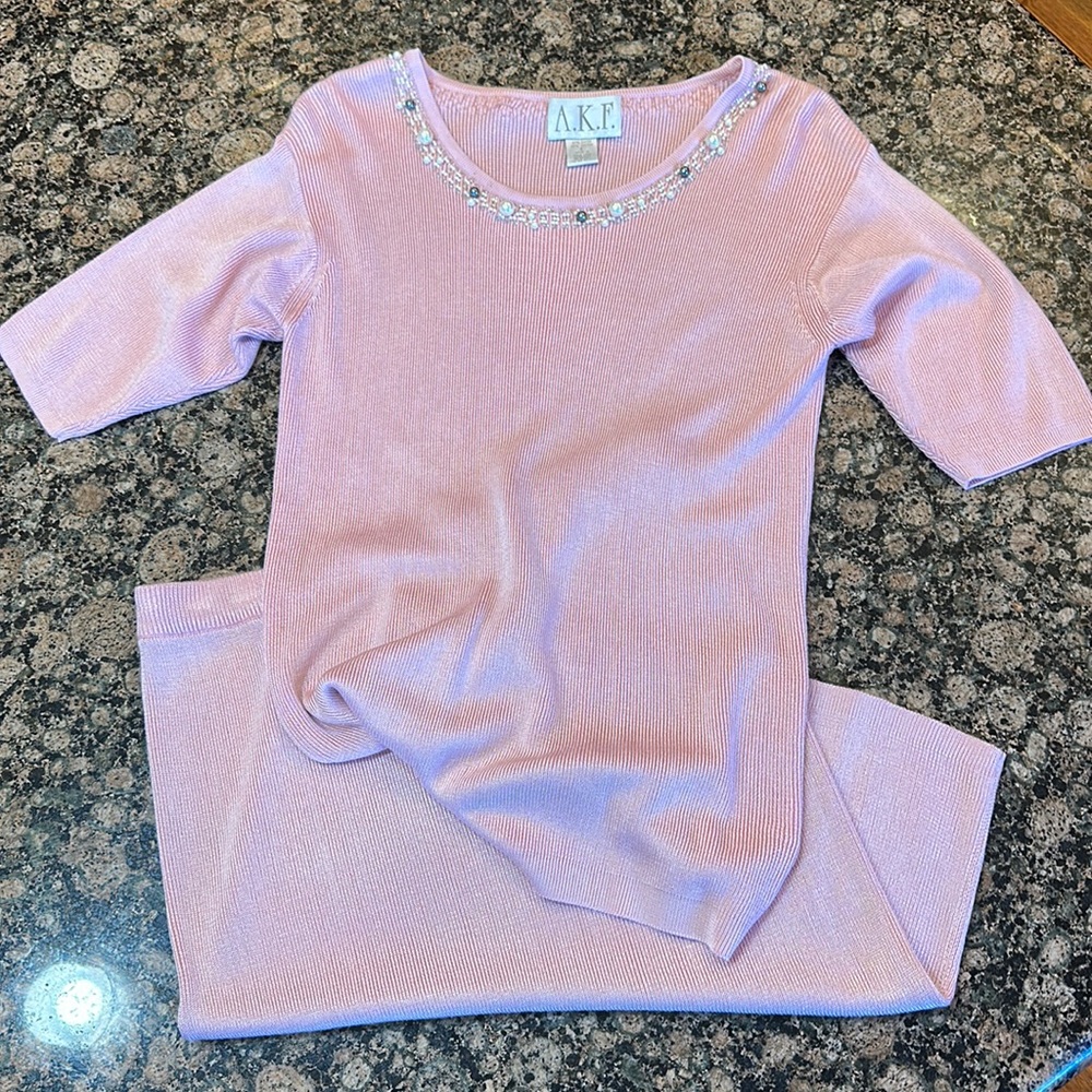 Vintage baby pink soft silky beaded knitwear skirt and sweater set